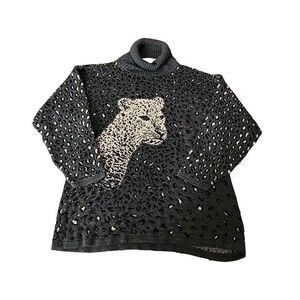 Basic Edition Beige Leopard Cheetah Turtle Neck Sweater Size Large Grey